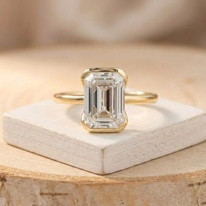 Bague de mariage solitaire moderne en or massif 10K 14K 18K avec diamant de laboratoire taille émeraude 3.00 CT, demi-sertissage, couleur E, clarté VVS - Product Image 1