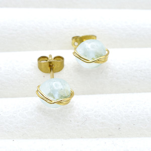 Wire Wrapped Aquamarine Earrings | Round Blue Stone <b>Studs</b> | Handmade Jewelry Gift - Product Image 3