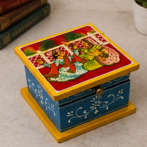 Handmade Wooden Square <b>Box</b> With Folk Art Painting Blue And Yellow Decorative Design Tabletop Collectible Art Piece - Product Image 2