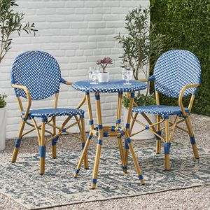 Ensemble bistrot français 3 pièces en rotin PE et aluminium pour extérieur, finition bambou blanc et vert sarcelle foncé, mobilier de patio élégant - Product Image 3
