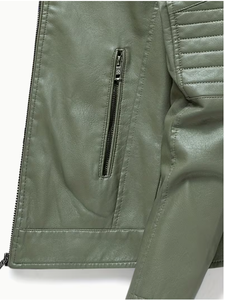 TRIBON SPORTS Men's Olive Green <b>Leather</b> Bomber <b>Jacket</b> Stand Collar Zipper Closure Slim Fit Regular Length Solid Color Breathable - Product Image 4