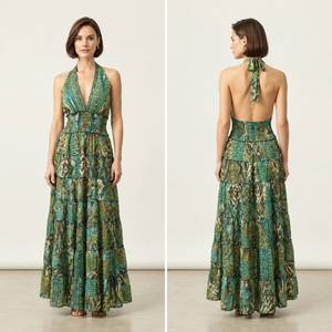 Vestido Maxi Ligero de Poliéster con Estampado Africano sin Mangas para Mujer, Cuello en V, Escalonado, Elegante, Floral, Formal, para Verano y Playa - Product Image 5