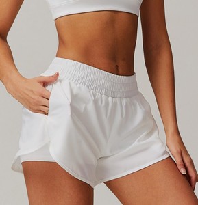 Shorts de sport décontractés pour femmes, double couche, pour yoga, fitness, gym, motif uni, haute élasticité, avec poche, course à pied, 100% coton - Product Image 2