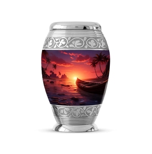 Urna Funeraria Metálica 'Paraíso Oceánico Atardecer Dorado Intenso' - Recipiente Decorativo para Cenizas con Borde Plateado Grabado a Mano para Amantes de la Naturaleza - Product Image 4