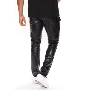 Pantalon décontracté en cuir pour homme, écologique, taille élastique, toile imperméable, respirant, doux, rayé, coupe droite - Product Image 2