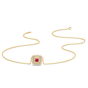 Red Center Floral Halo Diamond <b>Necklace</b> with Layered Round Sparkle Frame and Elegant <b>Statement</b> Design - Product Image 2