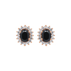 Vente en gros de boucles d'oreilles clous ovales facettées en argent sterling 925 massif avec onyx noir et halo de zirconiums cubiques, Memoria Jewels - Product Image 3