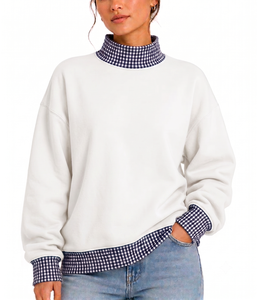 Wholesale Custom Made Women's Oversized Mock Neck <b>White</b> And Blue Gingham Print Sweatshirt High Quality 100% Cotton Casual <b>Top</b> - Product Image 1