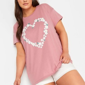 Camiseta de Cuello Redondo Rosa para Mujer, Manga Corta, Estampado Floral de Corazones, 100% Algodón Jersey, Suave, Informal, para Primavera, Verano y Otoño - Product Image 2