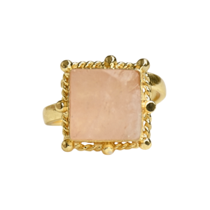 <b>Gold</b> Plated Brass <b>Cocktail</b> <b>Ring</b> With Square Rose Quartz Bezel Setting Geometric Bohemia Style Unisex Daily Wear June Birthstone - Product Image 1