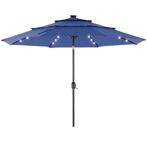 Sombrilla de Patio LED Solar de 3 Niveles y 3 Metros con Ajuste de Inclinación, Resistente a los Rayos UV, de Poliéster Azul Marino - Product Image 1