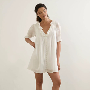 Robe courte en coton blanc pour femmes, boutonnée sur le devant, col à volants, manches bouffantes, robe d'été décontractée, mini-robe - Product Image 1