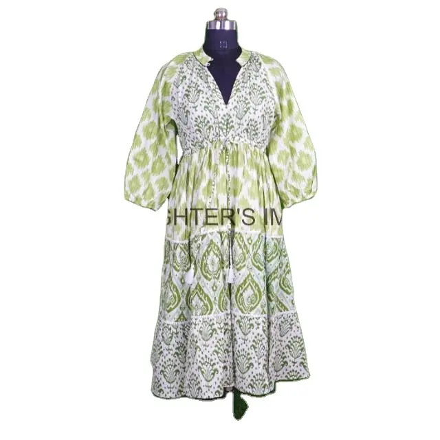 नई डिजाइन पैचवर्क हैंड ब्लॉक प्रिंटेड कॉटन बटन और टैसल ड्रेस के साथ मल्टी कलर फ्लोरल प्रिंटेड पार्टी वियर ड्रेस