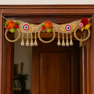 Décoration murale artisanale œil porte-bonheur floral Bandhanwar Toran avec pompon de perles et dentelle dorée pour mariage et fête, décoration de maison - Product Image 2