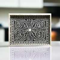 Plateau décoratif rectangulaire élégant en os incrusté à motif géométrique pour table basse