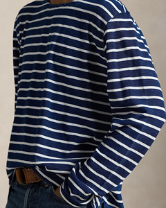 Camiseta de manga larga a rayas azul marino y blanco para hombre, camiseta informal de algodón con cuello redondo, corte ajustado, camiseta básica para otoño y primavera - Product Image 5