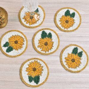Handmade beaded flower coasters Gold white round bar mats Classic style <b>drinkware</b> <b>accessories</b> Reusable coaster set - Product Image 4