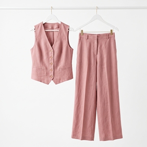 Ensemble coordonné 2 pièces pour femme, été, en lin/coton, débardeur sans manches à col en V et pantalon large ample longueur genou, avec logo personnalisé |   Privé - Product Image 3