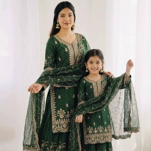 Ensemble Kurti familial en soie GMY avec broderies, palazzo et dupatta – Tenue de fête élégante pour femmes et enfants - Product Image 1