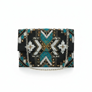 Women's Boho Geometric Pattern Beaded Clutch with <b>Wristlet</b> Closure Durable Dual Strap Cosmetic Carry Purse - Product Image 2