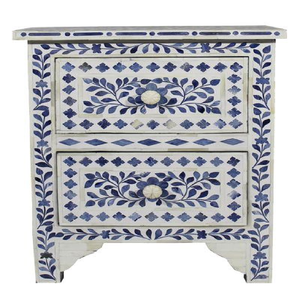 Table d'appoint classique bleue et blanche avec incrustations en os et deux tiroirs, motifs floraux, disponible à prix de gros. - Product Image 1