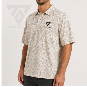 Camisa Polo Trackstar para Hombre, Color Crema Dorado, Estampado Paisley, Manga Corta, Cuello con Botones, Camisa Casual de Golf, Logotipo Personalizado - Product Image 2