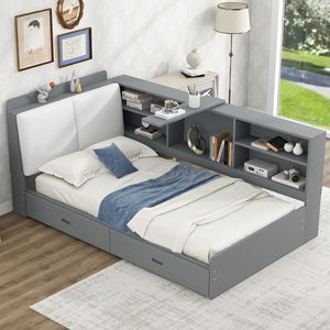 Letto a piattaforma in legno grigio, misura twin, con testiera contenitore, ripiani e 2 cassetti - Product Image 2