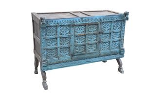 Haswani Handicrafts Hand Carved Wooden Majuce Chest Vintage Storage Trunk <b>Rustic</b> Blue Finish Decorative Wooden <b>Cabinet</b> - Product Image 5