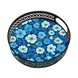 Nouvel arrivage Plateau de service élégant en métal avec imprimé floral et poignées découpées, parfait pour servir des collations, des boissons, du thé et du café - Product Image 3