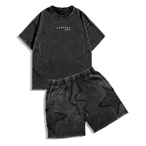 Ensemble T-shirt et short pour homme, effet délavé, patchwork, design personnalisé, ensembles d'été pour homme, décontractés, 2 pièces, ensemble de t-shirts vintage - Product Image 1