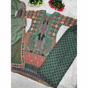 งานพิมพ์ดิจิตอล georgette ด้านบนด้านล่างพร้อม dupatta mehendi - Product Image 4