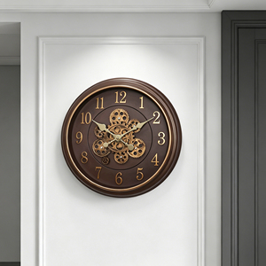 Moving gear wall <b>clock</b> 18 inch brown vintage rustic frame with <b>silent</b> retro gold numbers for cafe home decoration - Product Image 3