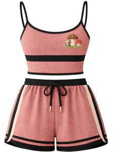 Dusty Pink Black Women Camisole And Shorts <b>Set</b> Summer Two Piece Outfit Cotton Blend Crop Top Mushroom Print Drawstring Shorts - Product Image 1