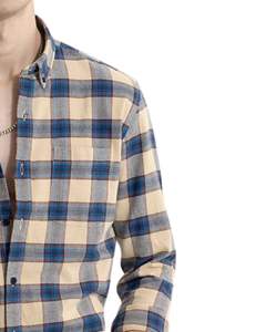 Custom <b>Men</b> Beige Blue Check Casual <b>Shirt</b> Cotton Polyester Long Sleeve Button Down Plaid <b>Shirt</b> For Wholesale OEM Supply Export - Product Image 2