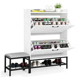 Meuble à chaussures style porte de grange, 2 compartiments rabattables avec cloison et pieds en métal grillagé, coussinets souples, 1 crochet, étagères à chaussures - Product Image 1