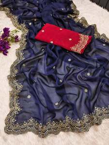 Atractivo Sari Negro Rangoli de Chiffon con Bordado y Blusa Sin Coser Azul Marino 76517 - Product Image 2
