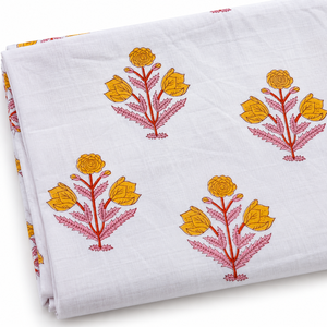 Tissu en voile de coton peigné tissé léger imprimé à la main Pinksa Fashion, motif feuillage jaune et bleu, 90 GSM 60S60S - Product Image 6