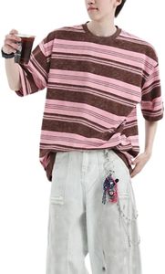 เสื้อยืดผู้ชายลายทางทรงหลวม คอกลม แขนสั้น สไตล์สตรีทแวร์ ผลิตโดยโรงงาน OEM ขายส่งโดยตรง เหมาะสำหรับฤดูร้อน ดีไซน์สวยงาม - Product Image 5