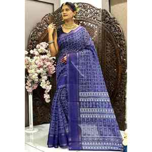SIGNER LIN IMPRESSION NUMÉRIQUE AVEC SEQUENCE BORDER WORK SAREE AVEC BOLUSE NON COUDU VIOLET - Product Image 1