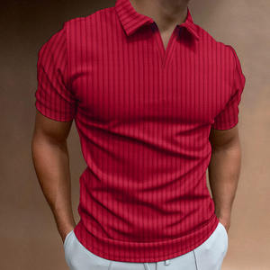 Polo à manches courtes rayé pour homme, coupe ajustée, col en V, tricoté, style décontracté, gris - Product Image 5
