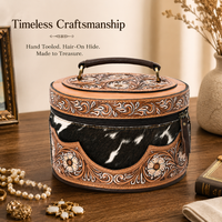 Étui à bijoux ovale en cuir véritable Western, orné de poils, fait main, avec poignée et fermeture éclair, pour voyage et rangement de cosmétiques