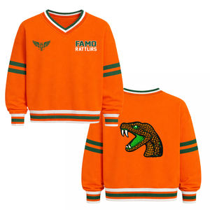 Sudadera Personalizada con Cuello en V de la Mascota Serpiente, Unisex, Naranja y Verde, con Rayas en Contraste, Logotipo de Reptil Bordado, Estilo Universitario Famu - Product Image 1