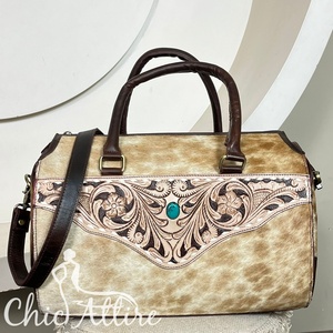Bolsos de Viaje Personalizados de Cuero Repujado de Primera Calidad, Estilo Occidental, Gran Capacidad, Patrón Floral, con Piedra Turquesa - Product Image 1