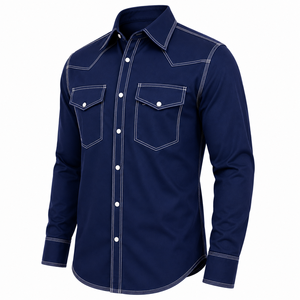 Chemise de travail pour homme bleu marine, style western, personnalisable, à manches longues, avec poches poitrine, coupe confortable, sérigraphiée, pour soudeurs - Product Image 3