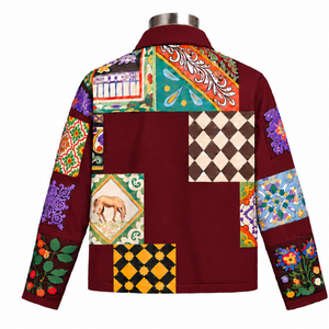 Chaqueta de trabajo color granate con mosaico, estampado floral decorativo, abotonada, informal, de manga larga, estilo urbano, moda, venta al por mayor - Product Image 2