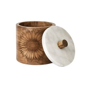Tarro de Almacenamiento de Madera con Tapa de Mármol y Tallado de Girasol para Cocina y Decoración del Hogar, en Venta - Product Image 1