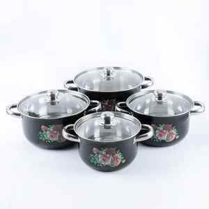 Ensemble de casseroles en émail avec couvercle en verre, motif floral, pour soupes et ragoûts, ustensiles de cuisine durables - Product Image 1