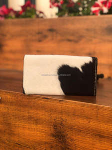 Cartera de cuero con pelo de marca personalizada, billetera de cuero genuino con estampado de flores y piel de vaca negra occidental para mujer, bolso de mano con tarjeta de crédito - Product Image 4