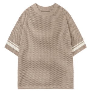 Camiseta de punto de ganchillo con rayas en contraste, color marrón, manga corta, tejido texturizado, informal de verano, transpirable, cuello redondo. - Product Image 1