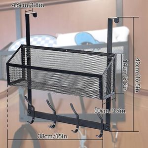 <b>Black</b> Over The Door Mesh Basket Organizer Rack With 4 Hooks - Product Image 2